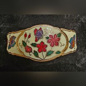 VTG Cloisonné Hinged Bangle Bracelet Ivory Gold Red Green Pink Flower Butterfly